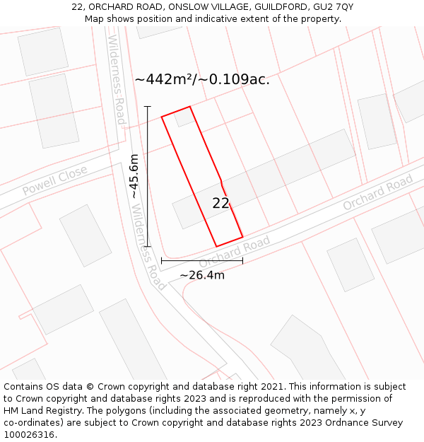 22, ORCHARD ROAD, ONSLOW VILLAGE, GUILDFORD, GU2 7QY: Plot and title map