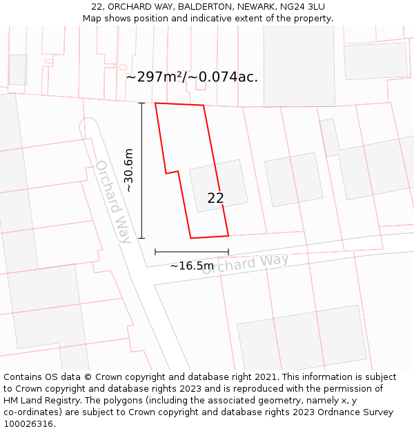 22, ORCHARD WAY, BALDERTON, NEWARK, NG24 3LU: Plot and title map