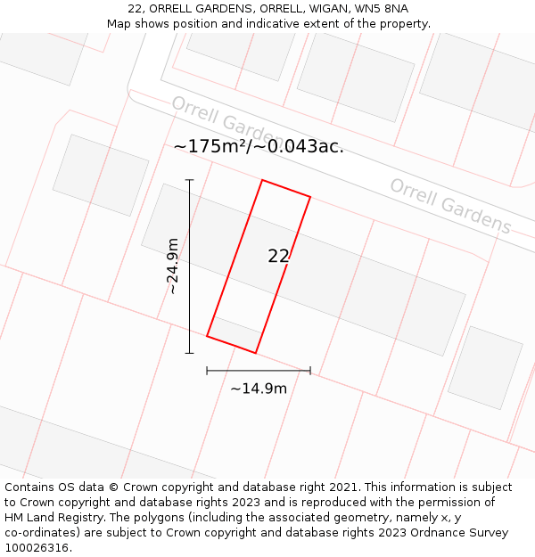 22, ORRELL GARDENS, ORRELL, WIGAN, WN5 8NA: Plot and title map