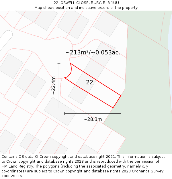 22, ORWELL CLOSE, BURY, BL8 1UU: Plot and title map