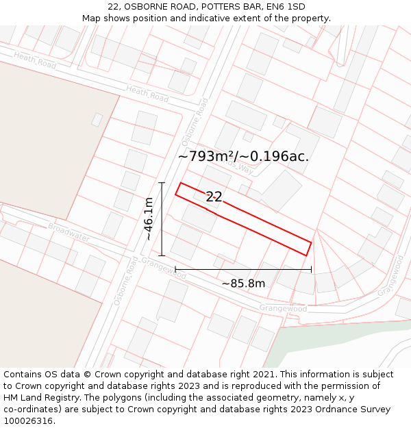 22, OSBORNE ROAD, POTTERS BAR, EN6 1SD: Plot and title map