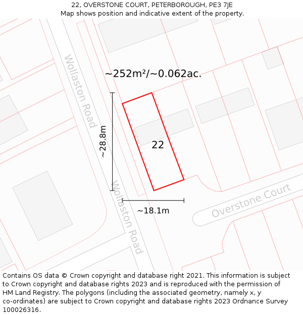 22, OVERSTONE COURT, PETERBOROUGH, PE3 7JE: Plot and title map