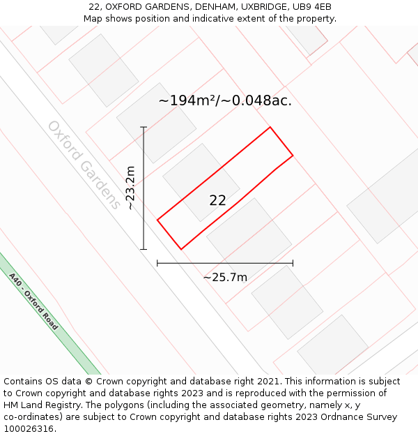 22, OXFORD GARDENS, DENHAM, UXBRIDGE, UB9 4EB: Plot and title map