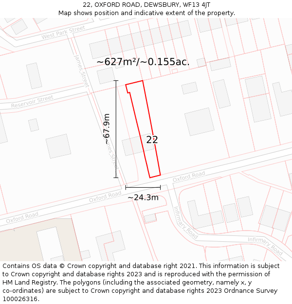 22, OXFORD ROAD, DEWSBURY, WF13 4JT: Plot and title map