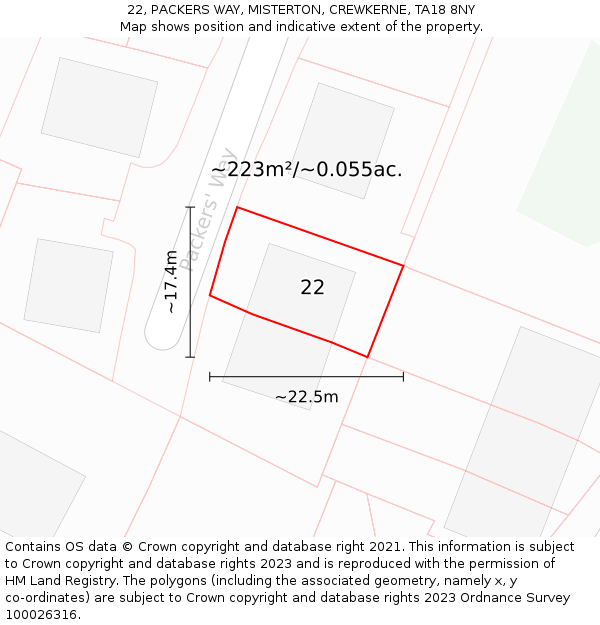 22, PACKERS WAY, MISTERTON, CREWKERNE, TA18 8NY: Plot and title map