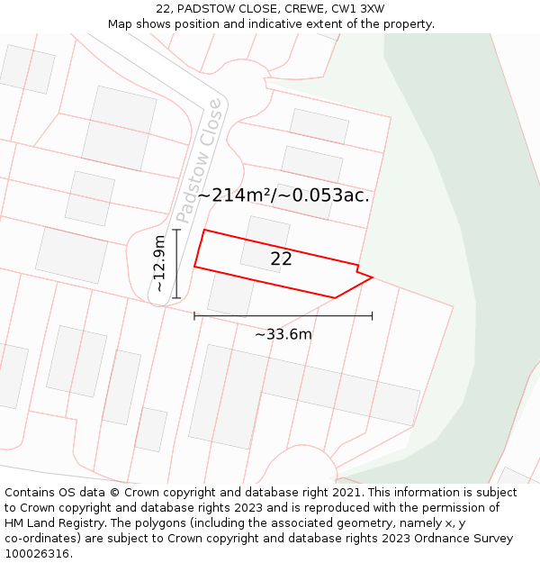 22, PADSTOW CLOSE, CREWE, CW1 3XW: Plot and title map