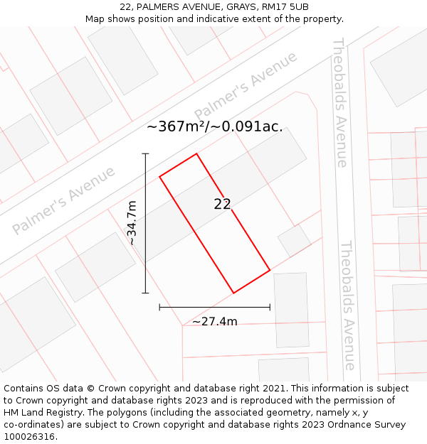 22, PALMERS AVENUE, GRAYS, RM17 5UB: Plot and title map