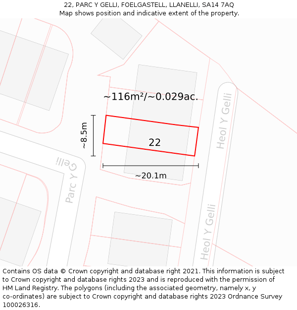 22, PARC Y GELLI, FOELGASTELL, LLANELLI, SA14 7AQ: Plot and title map