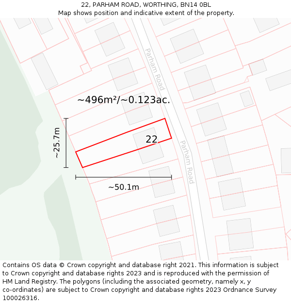 22, PARHAM ROAD, WORTHING, BN14 0BL: Plot and title map