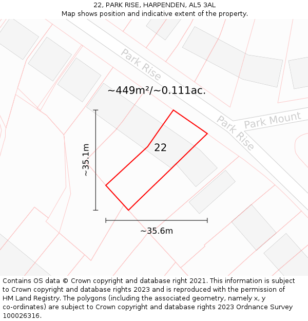 22, PARK RISE, HARPENDEN, AL5 3AL: Plot and title map