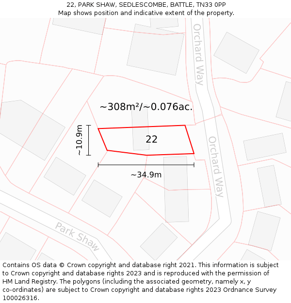 22, PARK SHAW, SEDLESCOMBE, BATTLE, TN33 0PP: Plot and title map