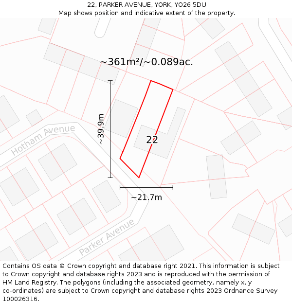 22, PARKER AVENUE, YORK, YO26 5DU: Plot and title map