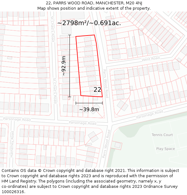 22, PARRS WOOD ROAD, MANCHESTER, M20 4NJ: Plot and title map