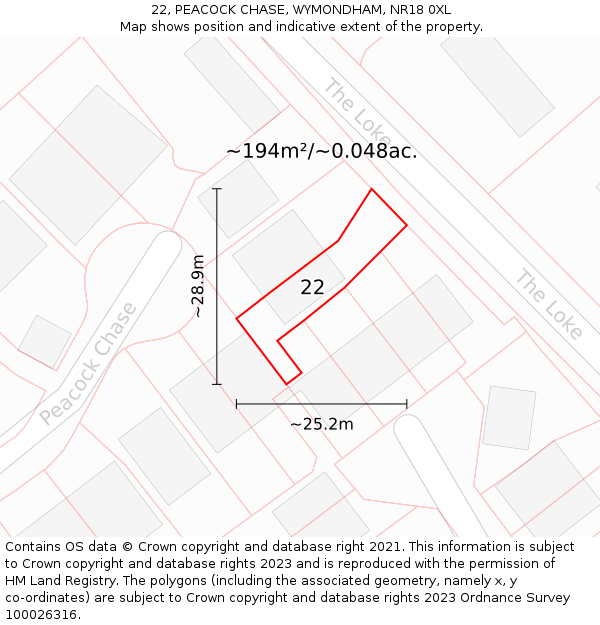 22, PEACOCK CHASE, WYMONDHAM, NR18 0XL: Plot and title map