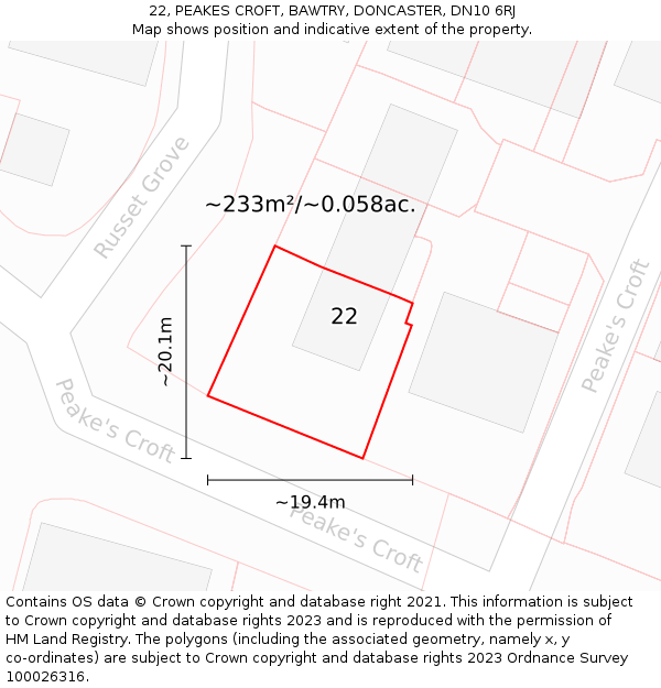 22, PEAKES CROFT, BAWTRY, DONCASTER, DN10 6RJ: Plot and title map