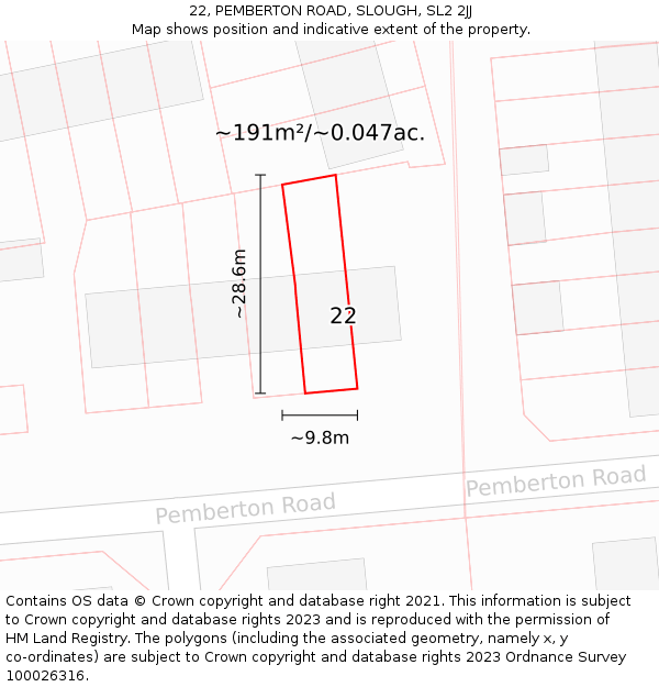 22, PEMBERTON ROAD, SLOUGH, SL2 2JJ: Plot and title map