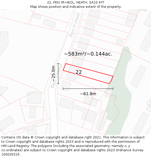 22, PEN YR HEOL, NEATH, SA10 6YT: Plot and title map