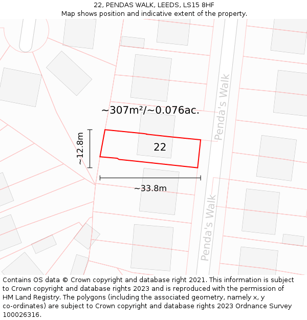 22, PENDAS WALK, LEEDS, LS15 8HF: Plot and title map