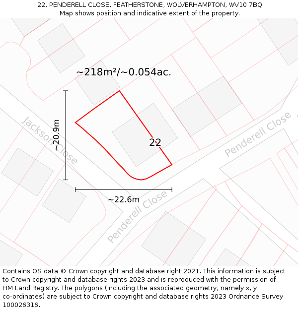 22, PENDERELL CLOSE, FEATHERSTONE, WOLVERHAMPTON, WV10 7BQ: Plot and title map