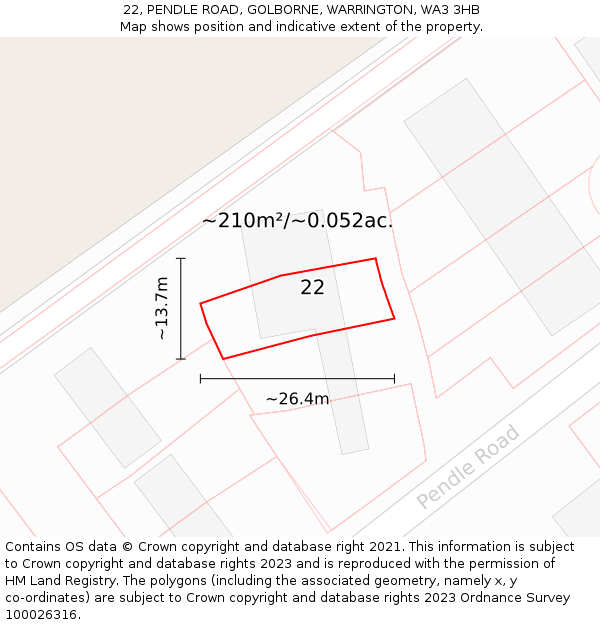 22, PENDLE ROAD, GOLBORNE, WARRINGTON, WA3 3HB: Plot and title map