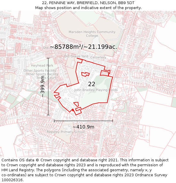 22, PENNINE WAY, BRIERFIELD, NELSON, BB9 5DT: Plot and title map