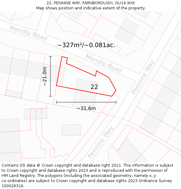 22, PENNINE WAY, FARNBOROUGH, GU14 9HX: Plot and title map