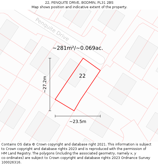 22, PENQUITE DRIVE, BODMIN, PL31 2BS: Plot and title map