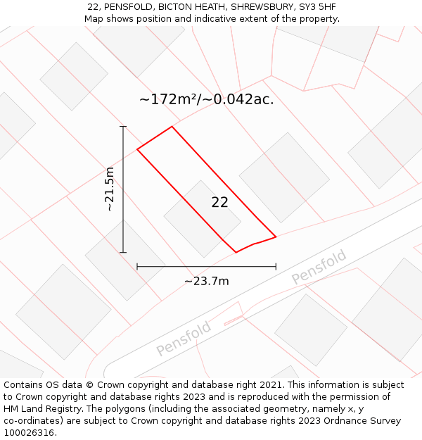 22, PENSFOLD, BICTON HEATH, SHREWSBURY, SY3 5HF: Plot and title map