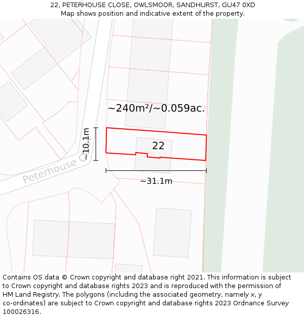 22, PETERHOUSE CLOSE, OWLSMOOR, SANDHURST, GU47 0XD: Plot and title map