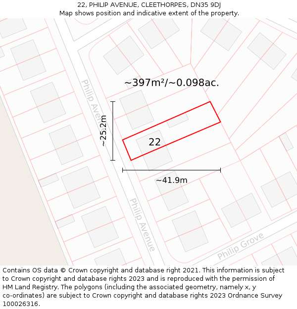 22, PHILIP AVENUE, CLEETHORPES, DN35 9DJ: Plot and title map