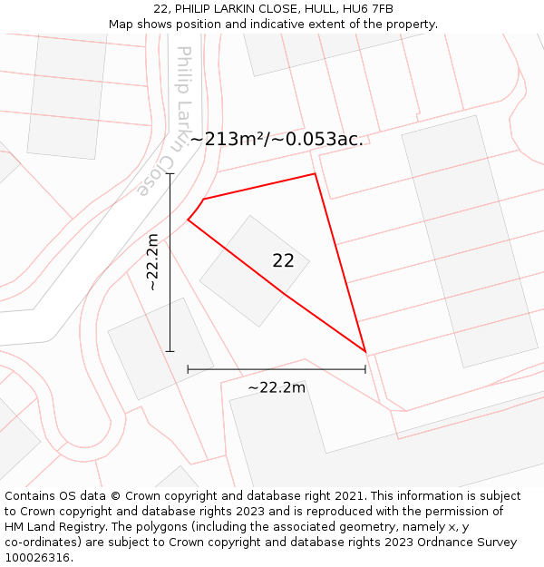 22, PHILIP LARKIN CLOSE, HULL, HU6 7FB: Plot and title map