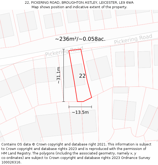 22, PICKERING ROAD, BROUGHTON ASTLEY, LEICESTER, LE9 6WA: Plot and title map