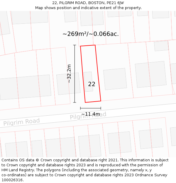 22, PILGRIM ROAD, BOSTON, PE21 6JW: Plot and title map