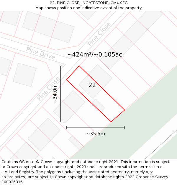 22, PINE CLOSE, INGATESTONE, CM4 9EG: Plot and title map