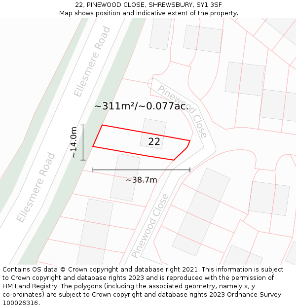 22, PINEWOOD CLOSE, SHREWSBURY, SY1 3SF: Plot and title map