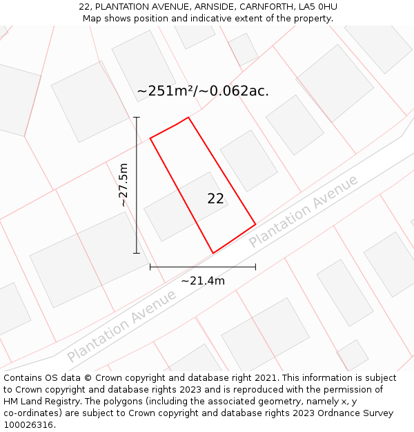 22, PLANTATION AVENUE, ARNSIDE, CARNFORTH, LA5 0HU: Plot and title map