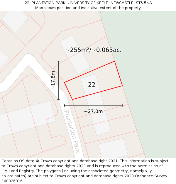 22, PLANTATION PARK, UNIVERSITY OF KEELE, NEWCASTLE, ST5 5NA: Plot and title map