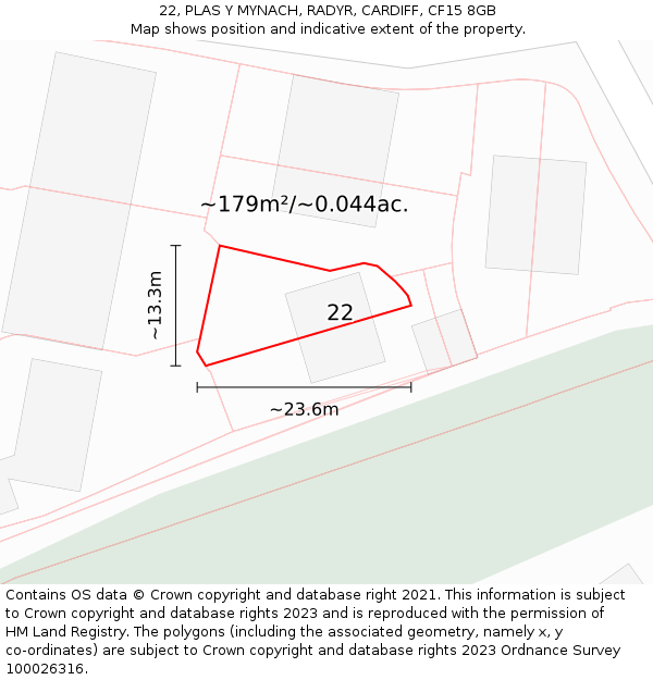 22, PLAS Y MYNACH, RADYR, CARDIFF, CF15 8GB: Plot and title map