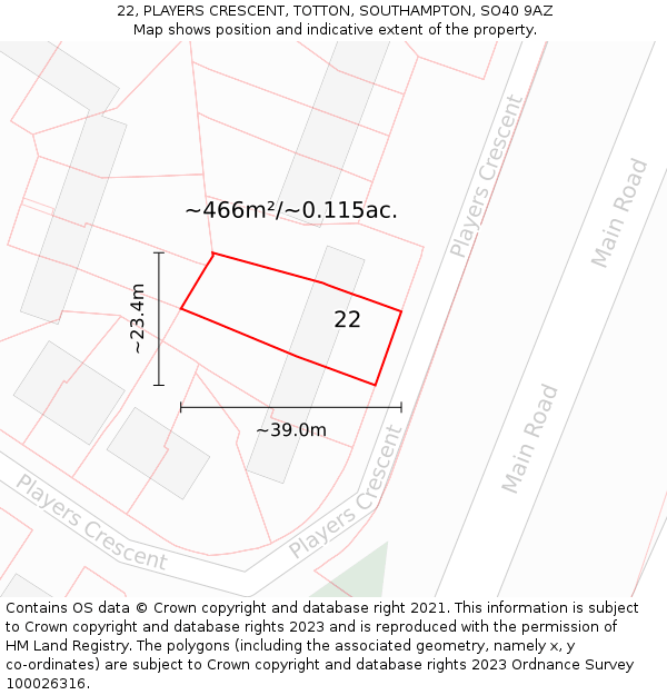 22, PLAYERS CRESCENT, TOTTON, SOUTHAMPTON, SO40 9AZ: Plot and title map