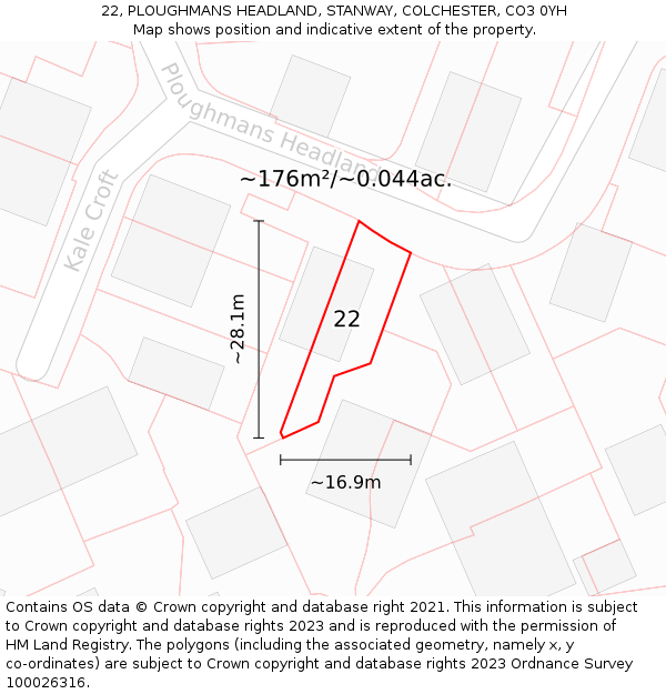 22, PLOUGHMANS HEADLAND, STANWAY, COLCHESTER, CO3 0YH: Plot and title map