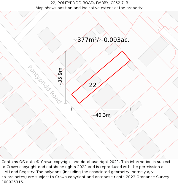 22, PONTYPRIDD ROAD, BARRY, CF62 7LR: Plot and title map