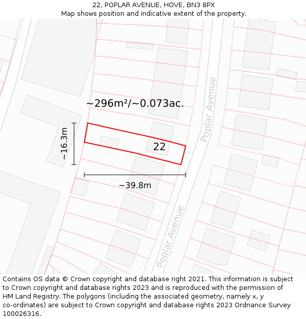 22, POPLAR AVENUE, HOVE, BN3 8PX: Plot and title map