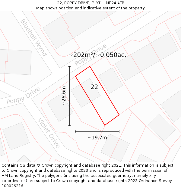 22, POPPY DRIVE, BLYTH, NE24 4TR: Plot and title map