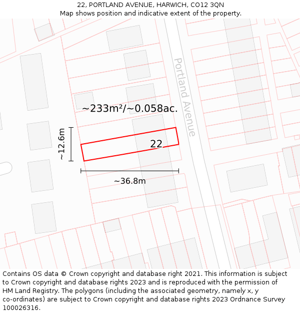 22, PORTLAND AVENUE, HARWICH, CO12 3QN: Plot and title map