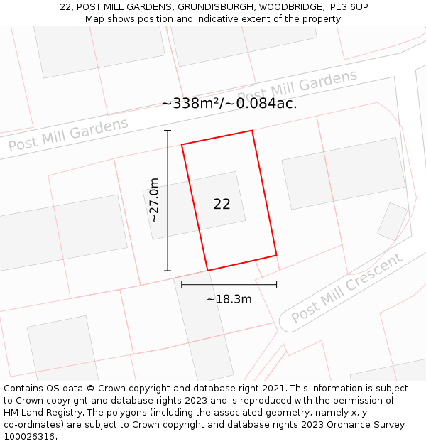 22, POST MILL GARDENS, GRUNDISBURGH, WOODBRIDGE, IP13 6UP: Plot and title map