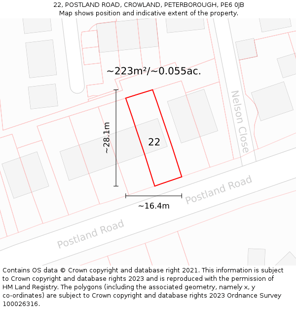 22, POSTLAND ROAD, CROWLAND, PETERBOROUGH, PE6 0JB: Plot and title map