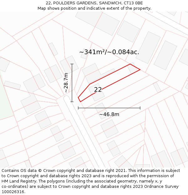 22, POULDERS GARDENS, SANDWICH, CT13 0BE: Plot and title map