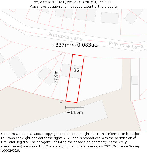 22, PRIMROSE LANE, WOLVERHAMPTON, WV10 8RS: Plot and title map