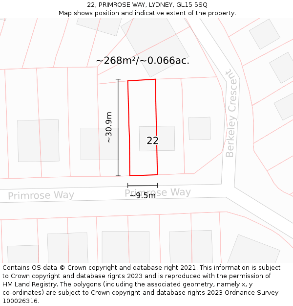 22, PRIMROSE WAY, LYDNEY, GL15 5SQ: Plot and title map