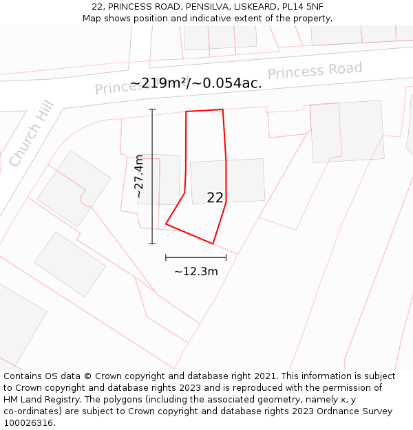 22, PRINCESS ROAD, PENSILVA, LISKEARD, PL14 5NF: Plot and title map